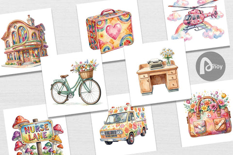 Digital Paper Watercolor 70s Retro Medical Scenes Digital Pattern artnoy 