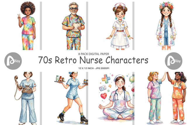 Digital Paper Watercolor 70s Retro Nurse Characters Digital Pattern artnoy 