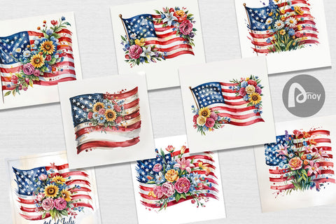 Digital Paper Watercolor American Flag Floral Digital Pattern artnoy 