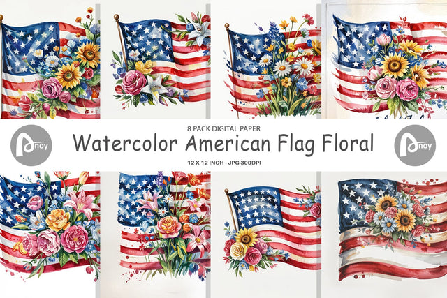 Digital Paper Watercolor American Flag Floral Digital Pattern artnoy 