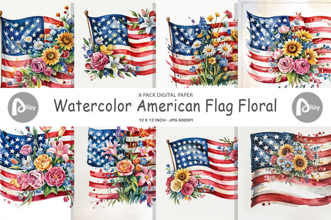 Digital Paper Watercolor American Flag Floral Digital Pattern artnoy 