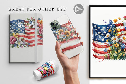 Digital Paper Watercolor American Flag Floral Digital Pattern artnoy 