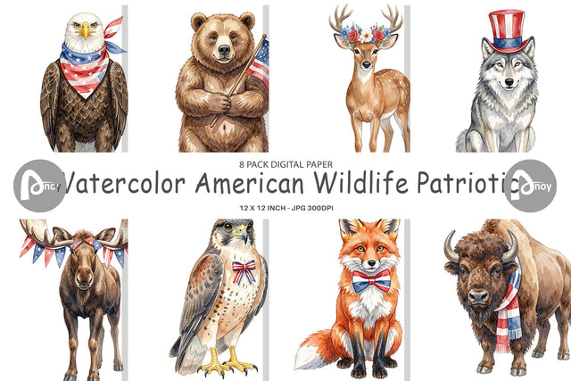 Digital Paper Watercolor American Wildlife Patriotic Sublimation artnoy 
