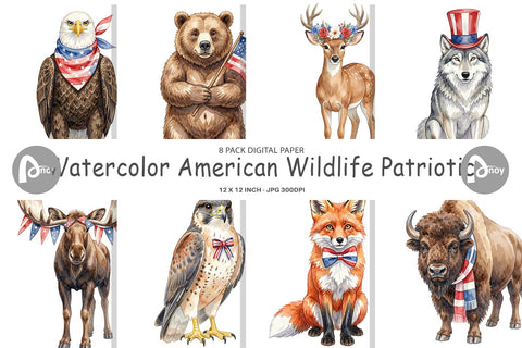 Digital Paper Watercolor American Wildlife Patriotic Sublimation artnoy 
