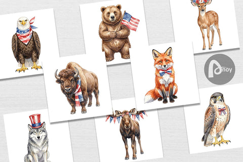 Digital Paper Watercolor American Wildlife Patriotic Sublimation artnoy 