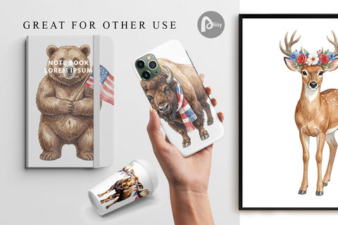 Digital Paper Watercolor American Wildlife Patriotic Sublimation artnoy 