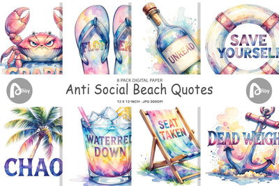 Digital Paper Watercolor Anti Social Beach Quotes Digital Pattern artnoy 
