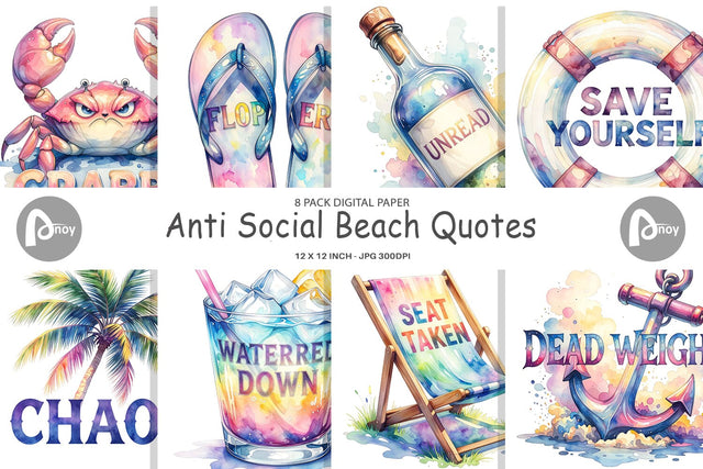 Digital Paper Watercolor Anti Social Beach Quotes Digital Pattern artnoy 
