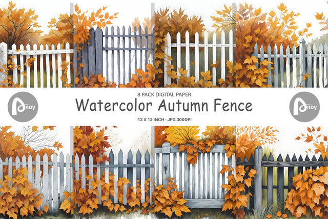 Digital paper Watercolor Autumn Fence Digital Pattern artnoy 