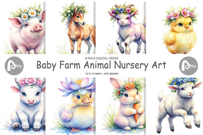Digital Paper Watercolor Baby Farm Animal Nursery Art Digital Pattern artnoy 