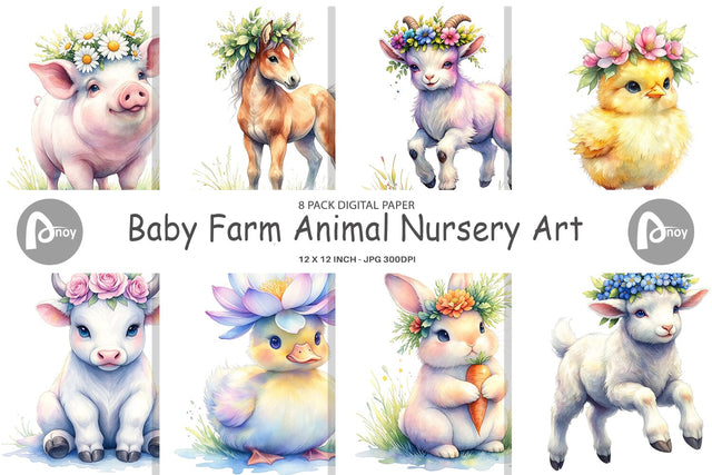 Digital Paper Watercolor Baby Farm Animal Nursery Art Digital Pattern artnoy 