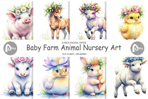 Digital Paper Watercolor Baby Farm Animal Nursery Art Digital Pattern artnoy 