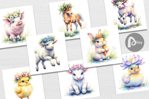 Digital Paper Watercolor Baby Farm Animal Nursery Art Digital Pattern artnoy 