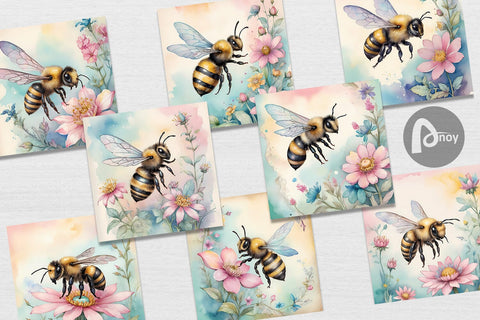 Digital Paper Watercolor Bee Flowers Digital Pattern artnoy 