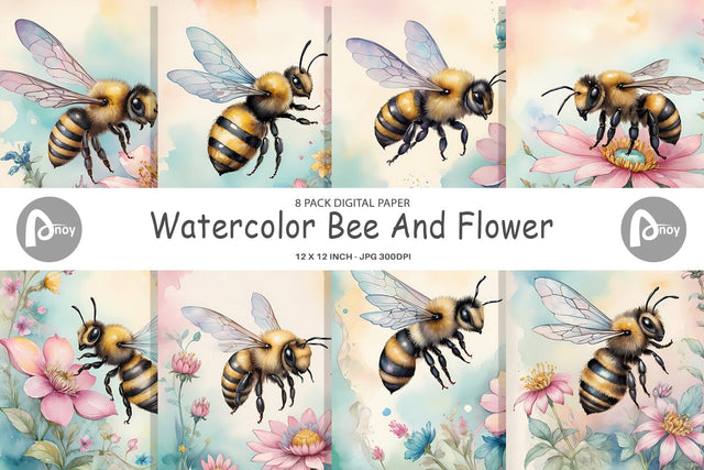 Digital Paper Watercolor Bee Flowers Digital Pattern artnoy 