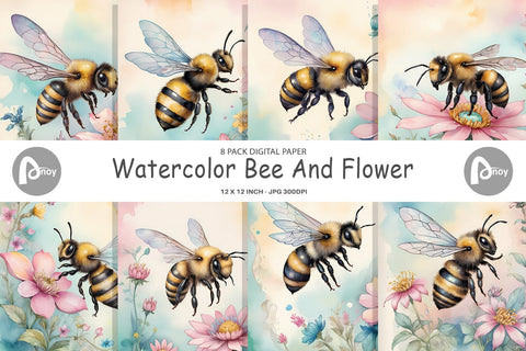 Digital Paper Watercolor Bee Flowers Digital Pattern artnoy 
