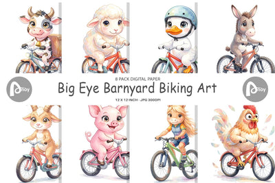 Digital Paper Watercolor Big Eye Barnyard Biking Art Digital Pattern artnoy 