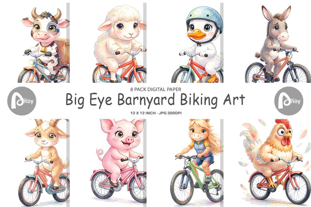 Digital Paper Watercolor Big Eye Barnyard Biking Art Digital Pattern artnoy 