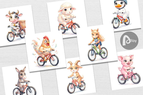 Digital Paper Watercolor Big Eye Barnyard Biking Art Digital Pattern artnoy 