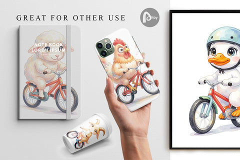 Digital Paper Watercolor Big Eye Barnyard Biking Art Digital Pattern artnoy 