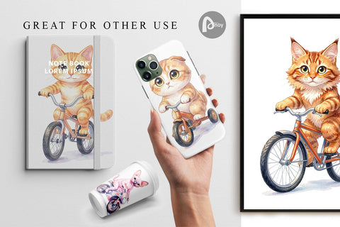 Digital Paper Watercolor Big Eye Cat Cyclist Art Digital Pattern artnoy 
