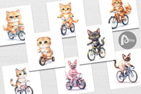 Digital Paper Watercolor Big Eye Cat Cyclist Art Digital Pattern artnoy 