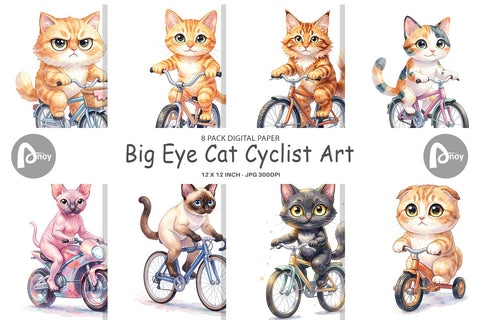Digital Paper Watercolor Big Eye Cat Cyclist Art Digital Pattern artnoy 