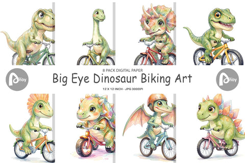Digital Paper Watercolor Big Eye Dinosaur Biking Art Digital Pattern artnoy 