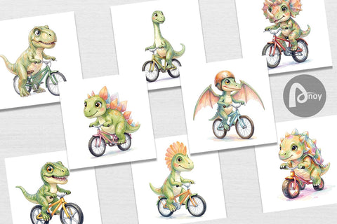 Digital Paper Watercolor Big Eye Dinosaur Biking Art Digital Pattern artnoy 