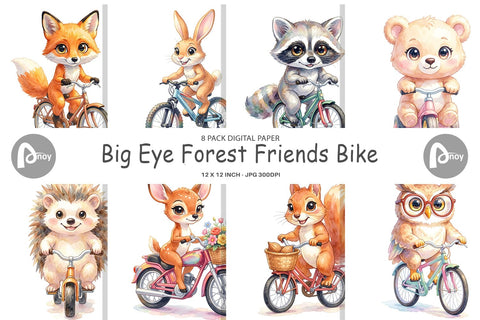 Digital Paper Watercolor Big Eye Forest Friends Bike Digital Pattern artnoy 