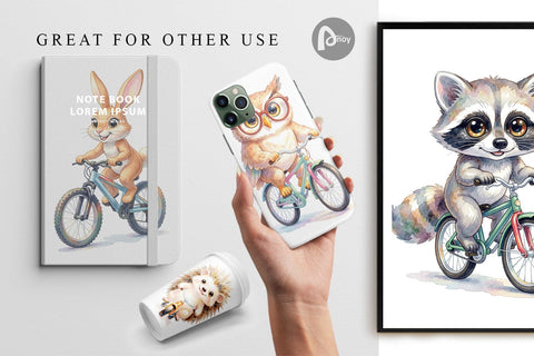 Digital Paper Watercolor Big Eye Forest Friends Bike Digital Pattern artnoy 