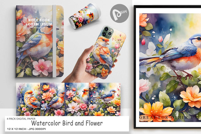 Digital Paper Watercolor Bird and Flower Digital Pattern artnoy 