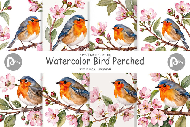 Digital Paper Watercolor Bird Perched Digital Pattern artnoy 