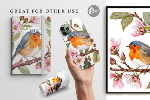 Digital Paper Watercolor Bird Perched Digital Pattern artnoy 