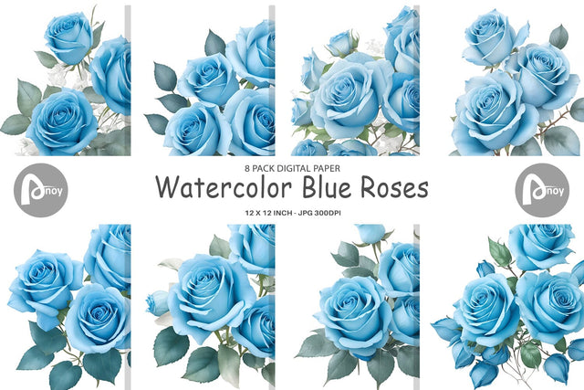 Digital paper Watercolor Blue Roses Digital Pattern artnoy 