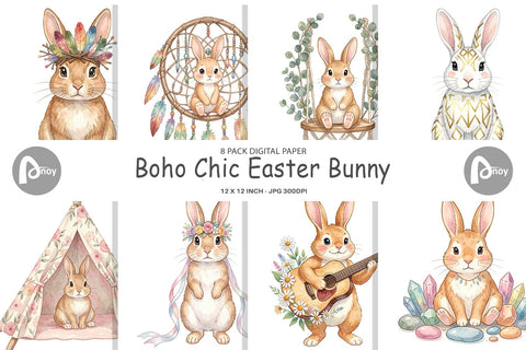 Digital Paper Watercolor Boho Chic Easter Bunny Digital Pattern artnoy 