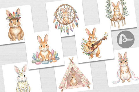 Digital Paper Watercolor Boho Chic Easter Bunny Digital Pattern artnoy 