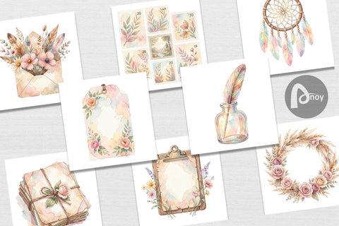 Digital Paper Watercolor Boho Floral Junk Journal Art Digital Pattern artnoy 