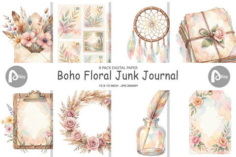 Digital Paper Watercolor Boho Floral Junk Journal Art Digital Pattern artnoy 