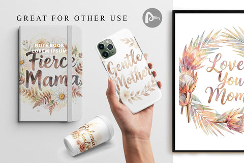 Digital Paper Watercolor Boho Floral Mama Quotes Digital Pattern artnoy 