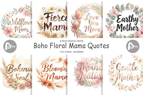 Digital Paper Watercolor Boho Floral Mama Quotes Digital Pattern artnoy 