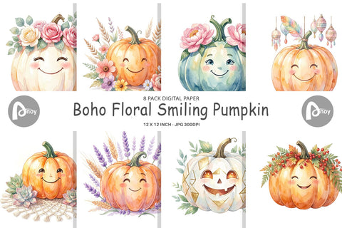 Digital Paper Watercolor Boho Floral Smiling Pumpkin Digital Pattern artnoy 
