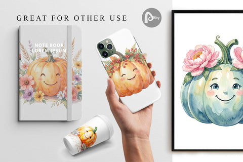 Digital Paper Watercolor Boho Floral Smiling Pumpkin Digital Pattern artnoy 