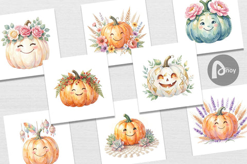 Digital Paper Watercolor Boho Floral Smiling Pumpkin Digital Pattern artnoy 