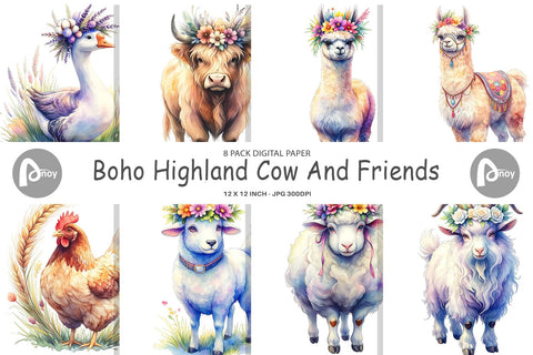 Digital Paper Watercolor Boho Highland Cow And Friends Digital Pattern artnoy 