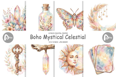 Digital Paper Watercolor Boho Mystical Celestial Art Digital Pattern artnoy 
