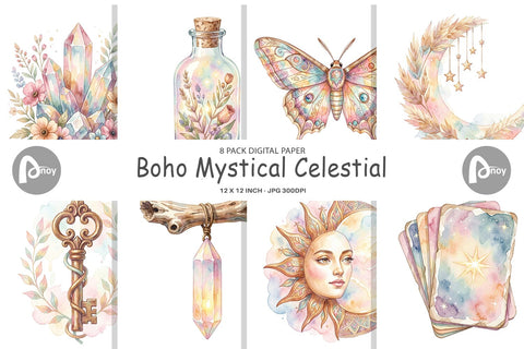 Digital Paper Watercolor Boho Mystical Celestial Art Digital Pattern artnoy 