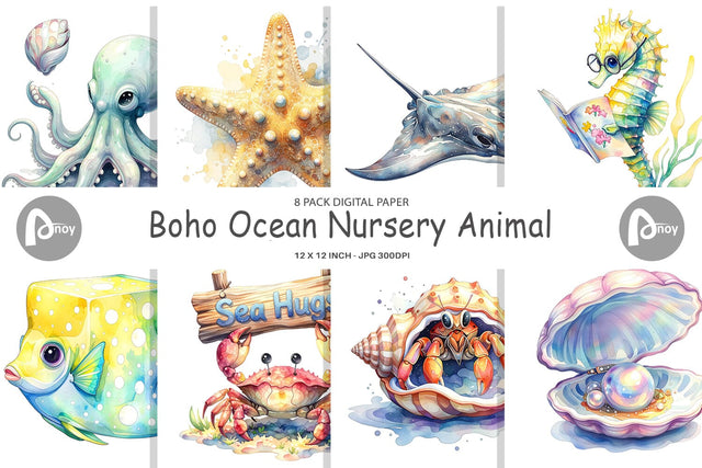 Digital Paper Watercolor Boho Ocean Nursery Animal Digital Pattern artnoy 