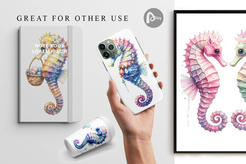 Digital Paper Watercolor Boho Seahorse Tribal Art Digital Pattern artnoy 