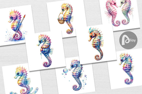 Digital Paper Watercolor Boho Seahorse Tribal Art Digital Pattern artnoy 